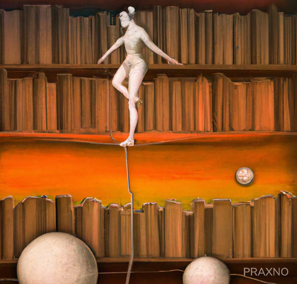 "The Dance of Dualities": The image of the tightrope walker balancing between an old book and luminous spheres symbolizes the constant dance and balance between the dualities of the past and future, with the human figure as a representation of the present.