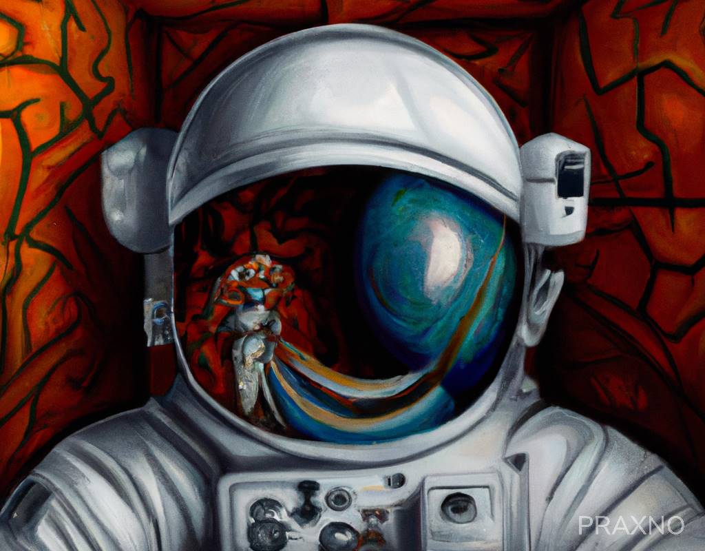"Un viaje hacia el interior" donde el astronauta simboliza a la humanidad y su búsqueda de conocimiento en el espacio exterior, mientras que el laberinto reflejado en el visor representa el viaje interno, simbolizando que el verdadero descubrimiento viene de nuestro interior.